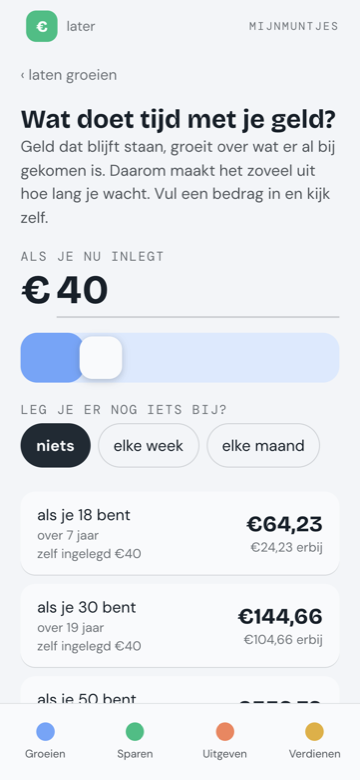 Een scherm dat laat zien wat een ingelegd bedrag waard kan worden als je 18, 30, 50 of 67 bent.