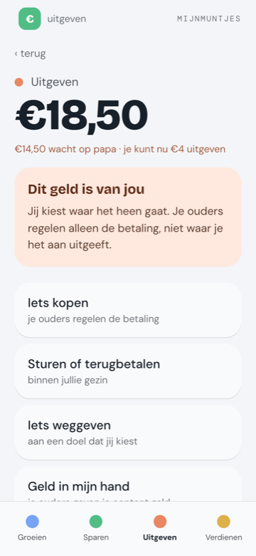 Het uitgeefscherm met de melding dat dit geld van het kind is, en vier keuzes eronder.