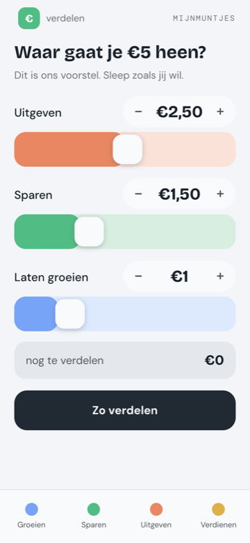 Het verdeelscherm: drie schuifbalken met min- en plusknoppen om €5 te verdelen over Uitgeven, Sparen en Laten groeien.